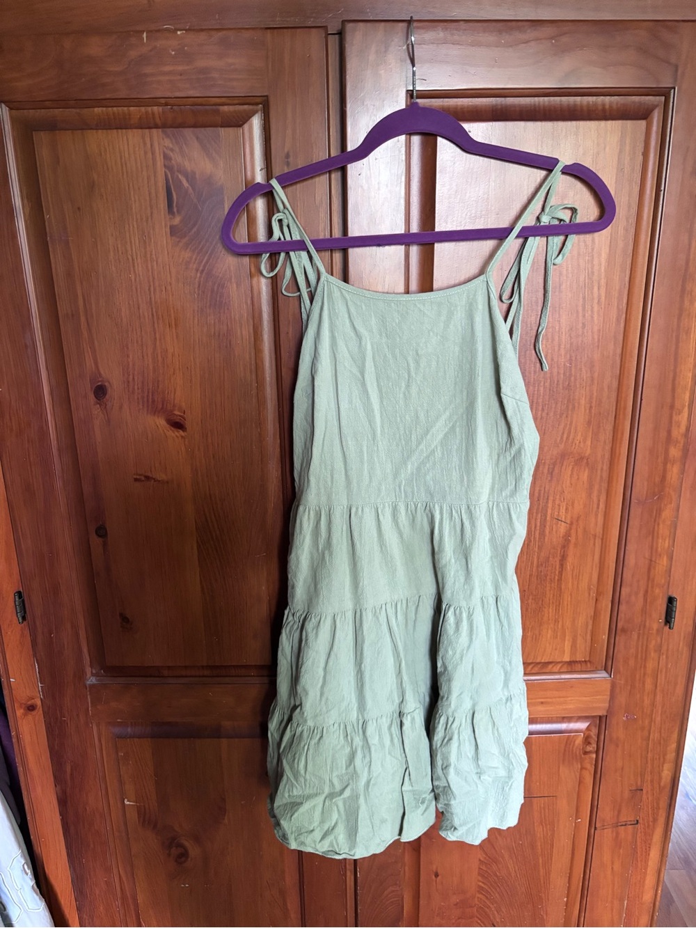 SHEIN Sage Green Tie-Strap Tiered Mini Dress